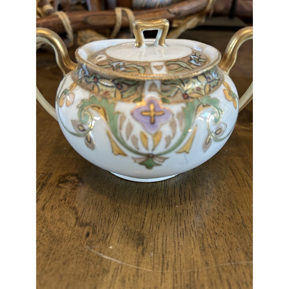 Antique Nippon Japan Handpainted Floral Sugar Bowl w/Lid  Lots Of Gold